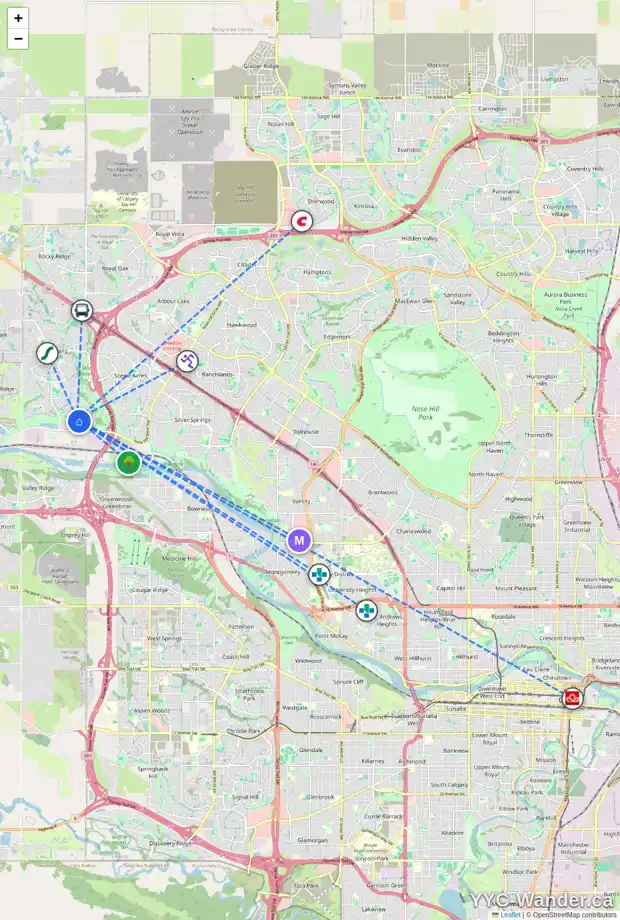 Daily accessibility map for 158 TUSCANY RAVINE CL NW, Calgary showing nearby schools, grocery stores, parks, LRT stations and nearby amenities