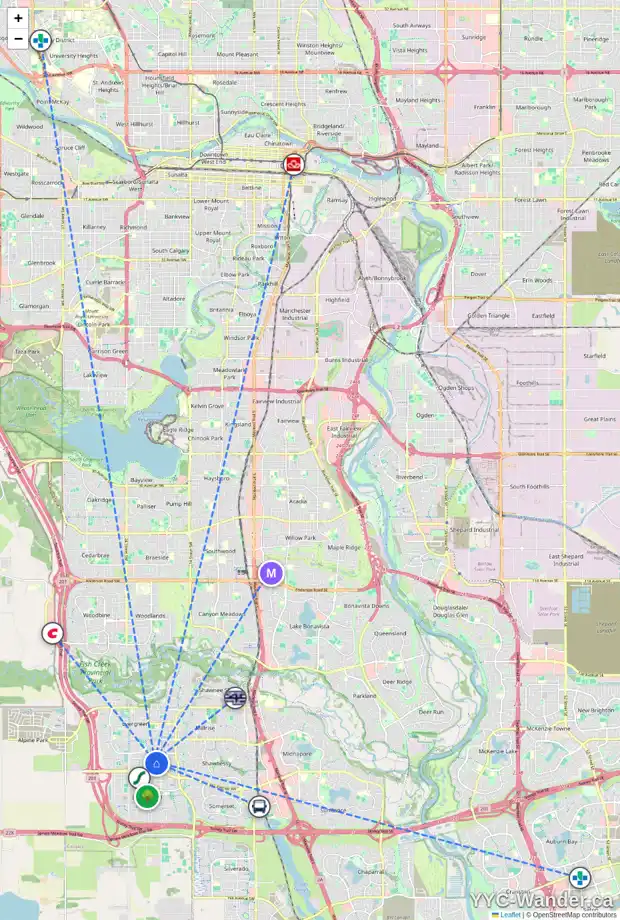 Daily accessibility map for 167 EVERSYDE CI SW, Calgary showing nearby schools, grocery stores, parks, LRT stations and nearby amenities