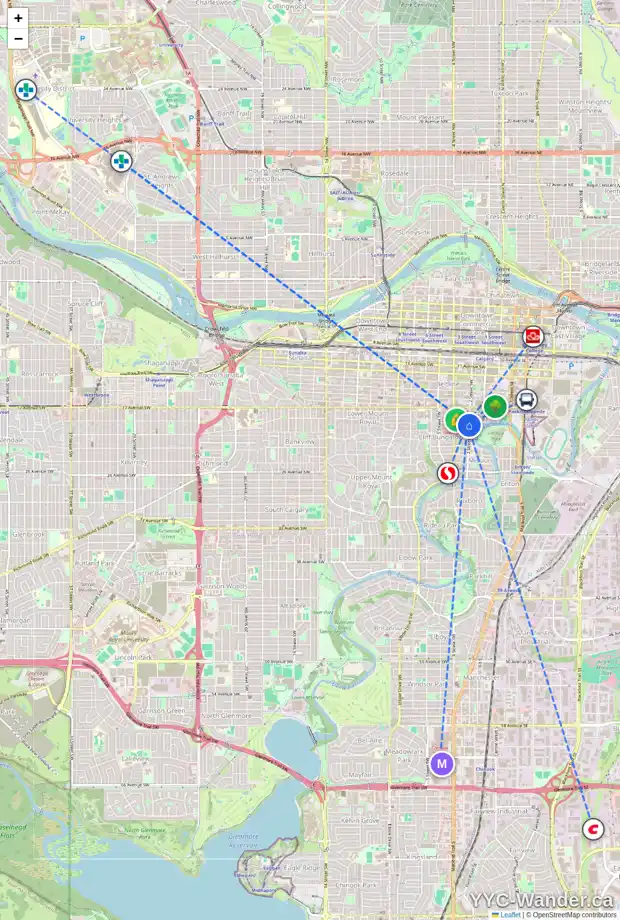 Daily accessibility map for 105 303 19 AV SW, Calgary showing nearby schools, grocery stores, parks, LRT stations and nearby amenities