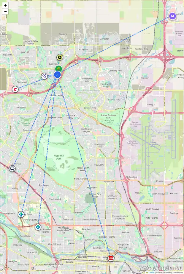 Daily accessibility map for 38 EVANSMEADE CL NW, Calgary showing nearby schools, grocery stores, parks, LRT stations and nearby amenities