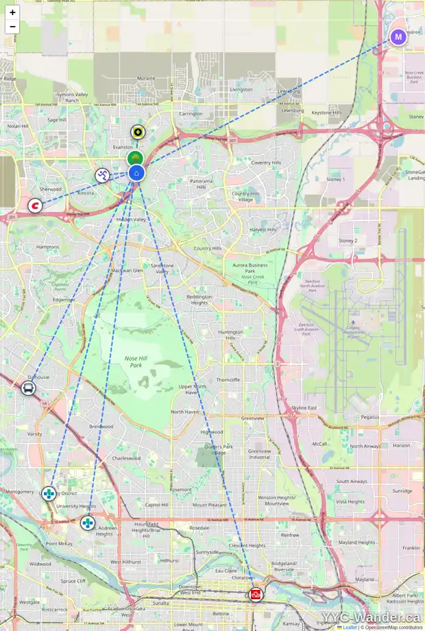 Daily accessibility map for 101 EVANSMEADE CL NW, Calgary showing nearby schools, grocery stores, parks, LRT stations and nearby amenities