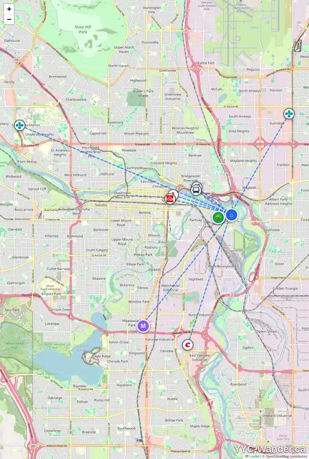Daily accessibility map for 112 1414 17 ST SE, Calgary showing nearby schools, grocery stores, parks, LRT stations and nearby amenities