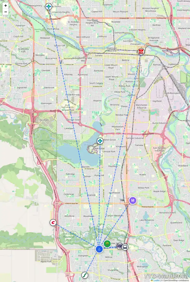 Daily accessibility map for 61 EVERGREEN CR SW, Calgary showing nearby schools, grocery stores, parks, LRT stations and nearby amenities