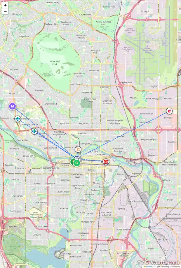 Daily accessibility map for 206 1121 6 AV SW, Calgary showing nearby schools, grocery stores, parks, LRT stations and nearby amenities