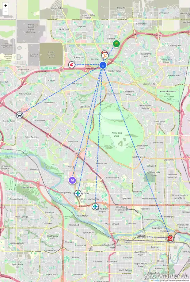 Daily accessibility map for 125 KINCORA BA NW, Calgary showing nearby schools, grocery stores, parks, LRT stations and nearby amenities