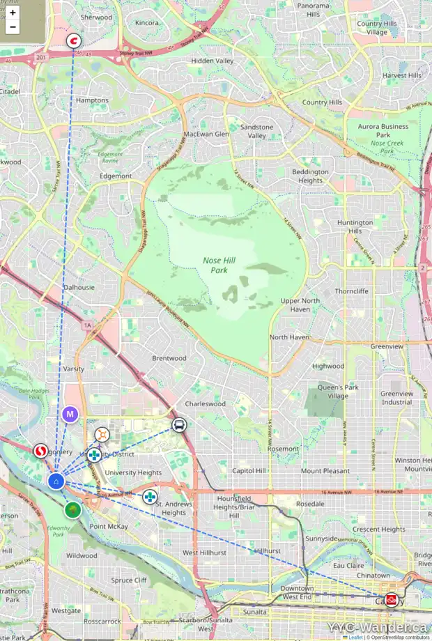 Daily accessibility map for 4543 MONTEREY AV NW, Calgary showing nearby schools, grocery stores, parks, LRT stations and nearby amenities