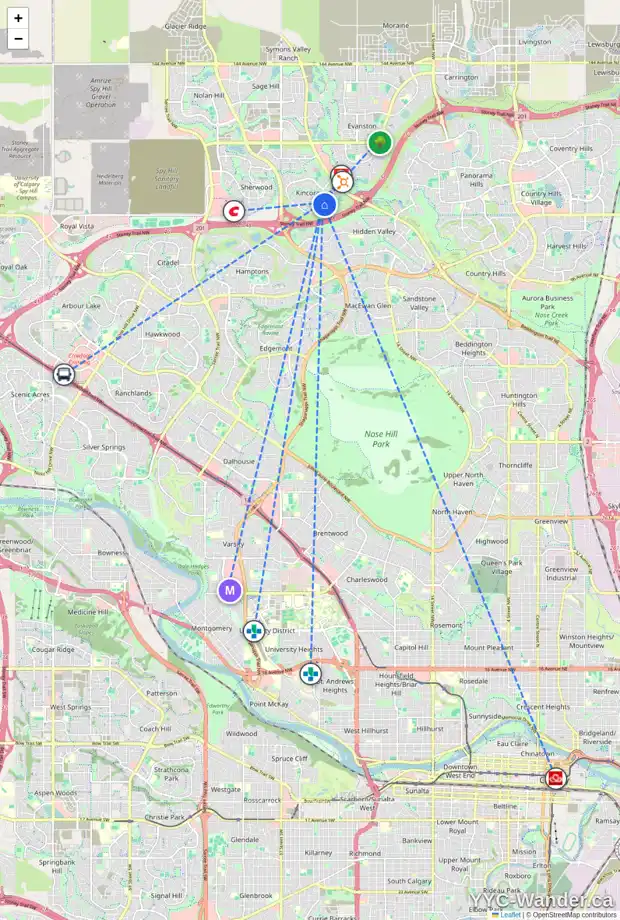 Daily accessibility map for 50 KINCORA PA NW, Calgary showing nearby schools, grocery stores, parks, LRT stations and nearby amenities