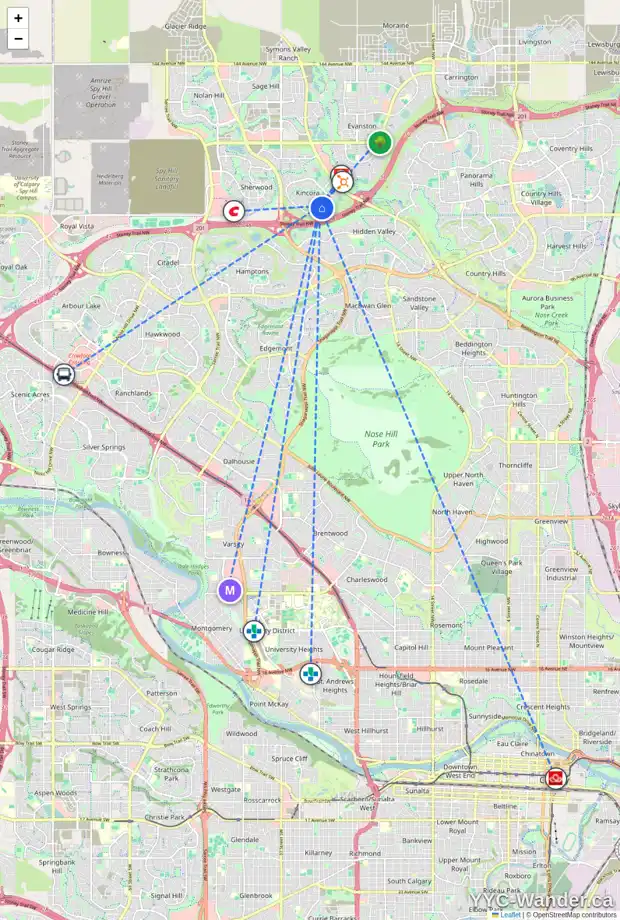 Daily accessibility map for 78 KINCORA PA NW, Calgary showing nearby schools, grocery stores, parks, LRT stations and nearby amenities