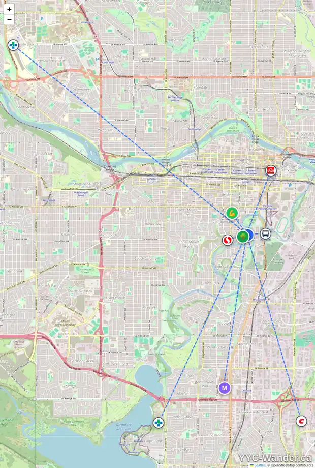Daily accessibility map for 102 126 24 AV SW, Calgary showing nearby schools, grocery stores, parks, LRT stations and nearby amenities
