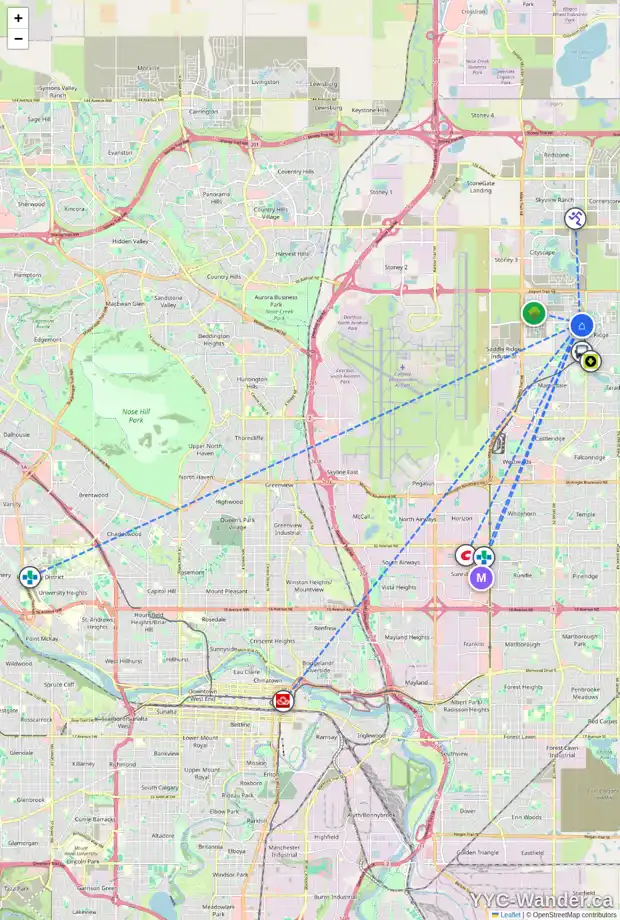 Daily accessibility map for 110 SADDLEHORN CL NE, Calgary showing nearby schools, grocery stores, parks, LRT stations and nearby amenities