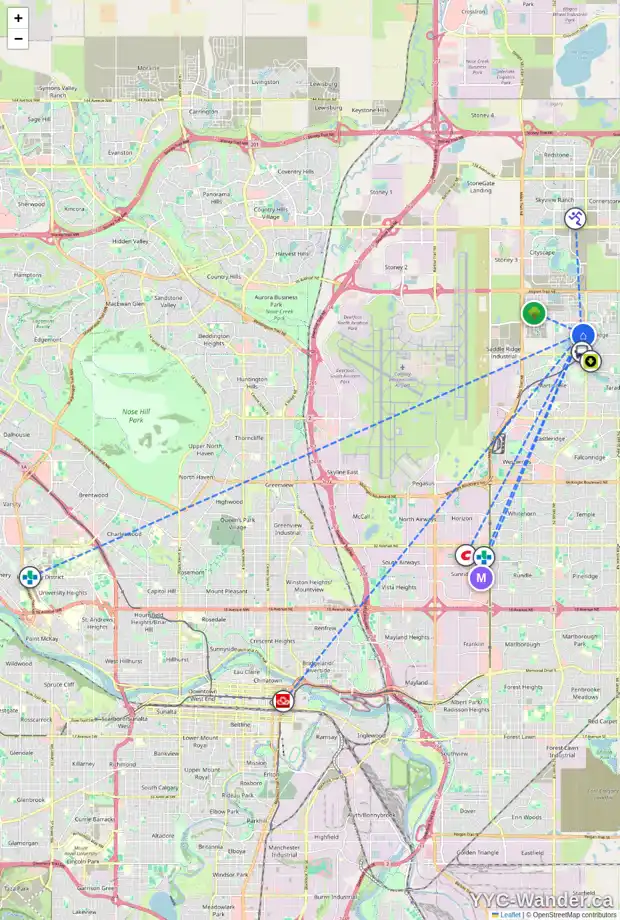 Daily accessibility map for 230 SADDLEHORN CL NE, Calgary showing nearby schools, grocery stores, parks, LRT stations and nearby amenities