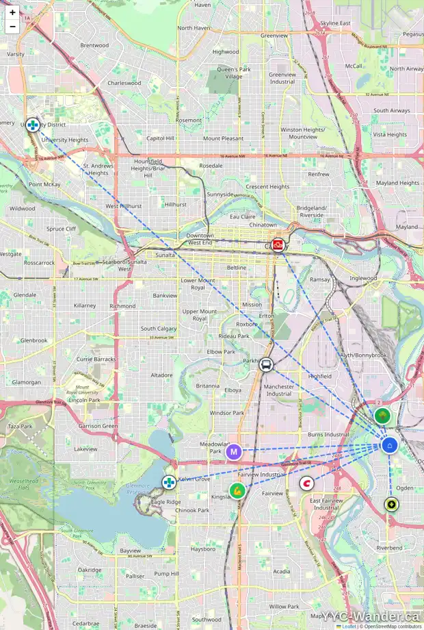 Daily accessibility map for 6219 18A ST SE, Calgary showing nearby schools, grocery stores, parks, LRT stations and nearby amenities