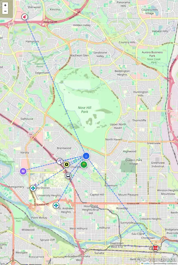 Daily accessibility map for 46 CHISHOLM CR NW, Calgary showing nearby schools, grocery stores, parks, LRT stations and nearby amenities