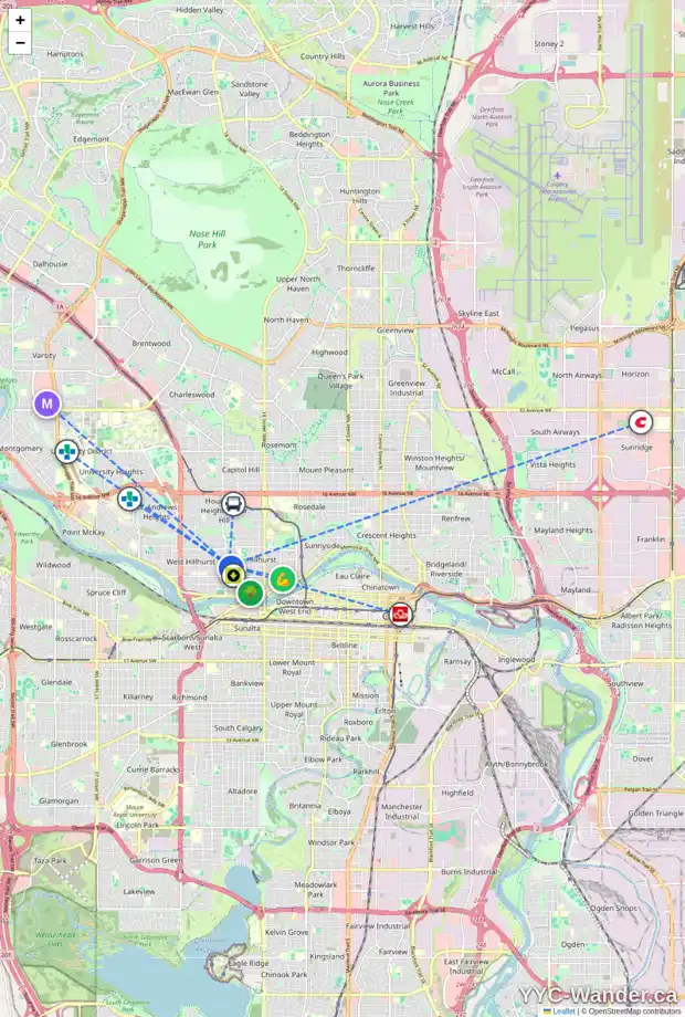 Daily accessibility map for 225 18A ST NW, Calgary showing nearby schools, grocery stores, parks, LRT stations and nearby amenities