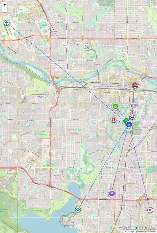 Daily accessibility map for 49 28 AV SW, Calgary showing nearby schools, grocery stores, parks, LRT stations and nearby amenities