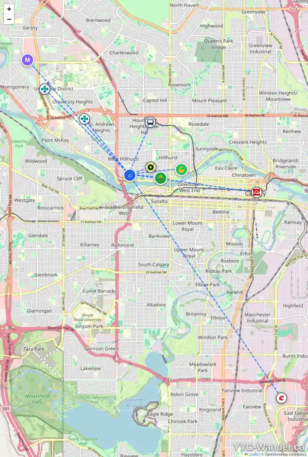 Daily accessibility map for 2237 BOWNESS RD NW, Calgary showing nearby schools, grocery stores, parks, LRT stations and nearby amenities