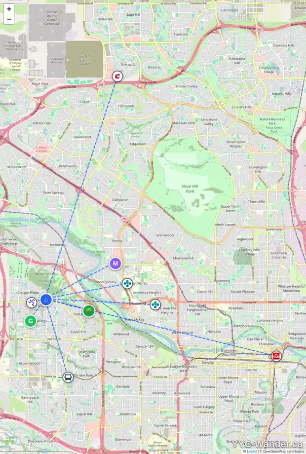 Daily accessibility map for 30 COUGAR RIDGE ME SW, Calgary showing nearby schools, grocery stores, parks, LRT stations and nearby amenities
