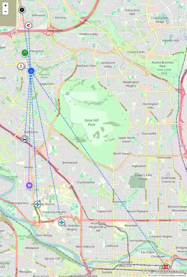Daily accessibility map for 16 EDGERIDGE WY NW, Calgary showing nearby schools, grocery stores, parks, LRT stations and nearby amenities