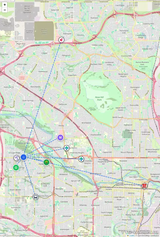 Daily accessibility map for 72 COUGAR RIDGE ME SW, Calgary showing nearby schools, grocery stores, parks, LRT stations and nearby amenities