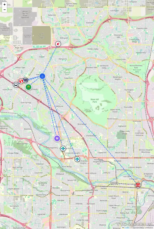 Daily accessibility map for 375 HAWKWOOD BV NW, Calgary showing nearby schools, grocery stores, parks, LRT stations and nearby amenities