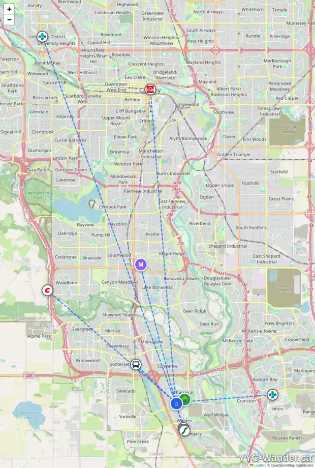 Daily accessibility map for 66 CHAPALA GV SE, Calgary showing nearby schools, grocery stores, parks, LRT stations and nearby amenities