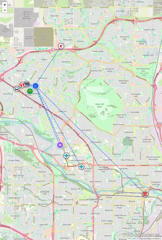 Daily accessibility map for 669 HAWKSIDE ME NW, Calgary showing nearby schools, grocery stores, parks, LRT stations and nearby amenities
