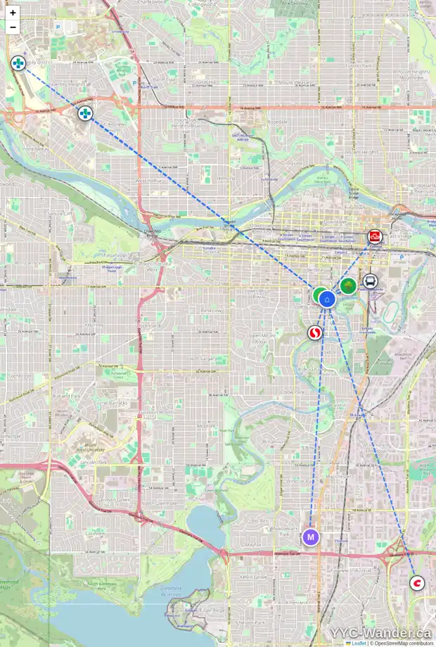 Daily accessibility map for 206 317 19 AV SW, Calgary showing nearby schools, grocery stores, parks, LRT stations and nearby amenities