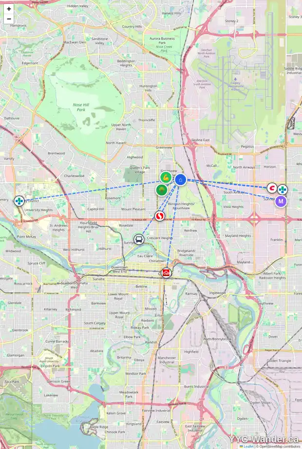 Daily accessibility map for 639 34 AV NE, Calgary showing nearby schools, grocery stores, parks, LRT stations and nearby amenities