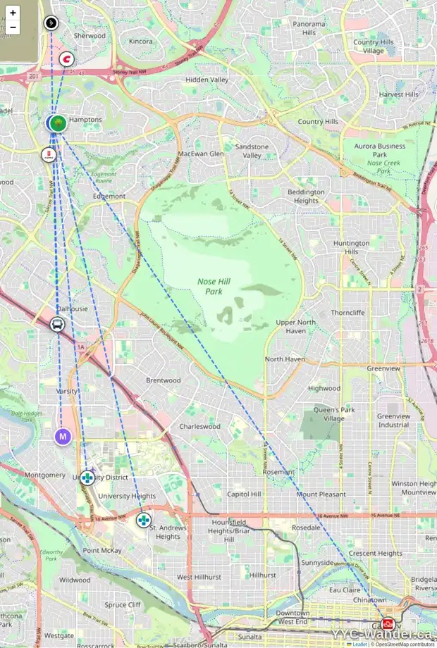 Daily accessibility map for 231 HAMPTONS PA NW, Calgary showing nearby schools, grocery stores, parks, LRT stations and nearby amenities