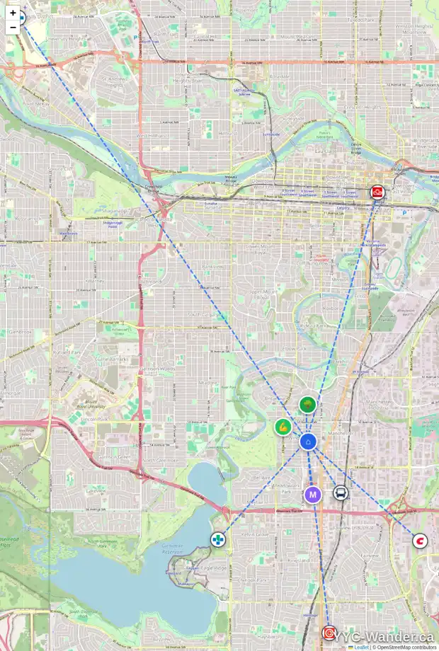 Daily accessibility map for 525A 53 AV SW, Calgary showing nearby schools, grocery stores, parks, LRT stations and nearby amenities