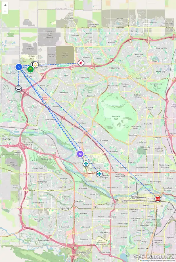 Daily accessibility map for 101 ROCKBOROUGH GR NW, Calgary showing nearby schools, grocery stores, parks, LRT stations and nearby amenities