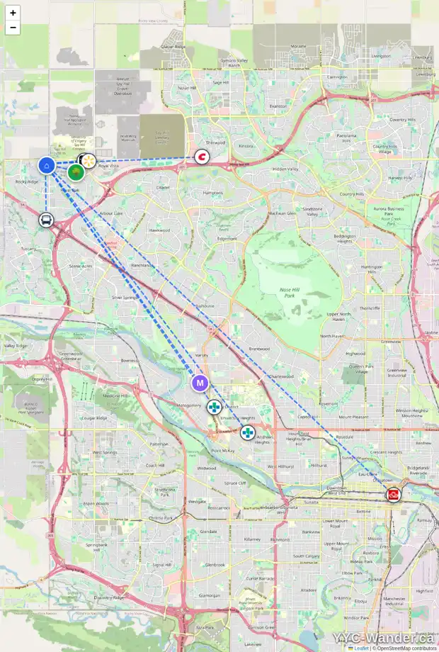 Daily accessibility map for 117 ROCKBOROUGH GR NW, Calgary showing nearby schools, grocery stores, parks, LRT stations and nearby amenities