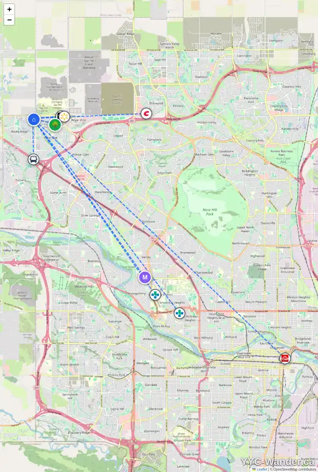 Daily accessibility map for 121 ROCKBOROUGH GR NW, Calgary showing nearby schools, grocery stores, parks, LRT stations and nearby amenities