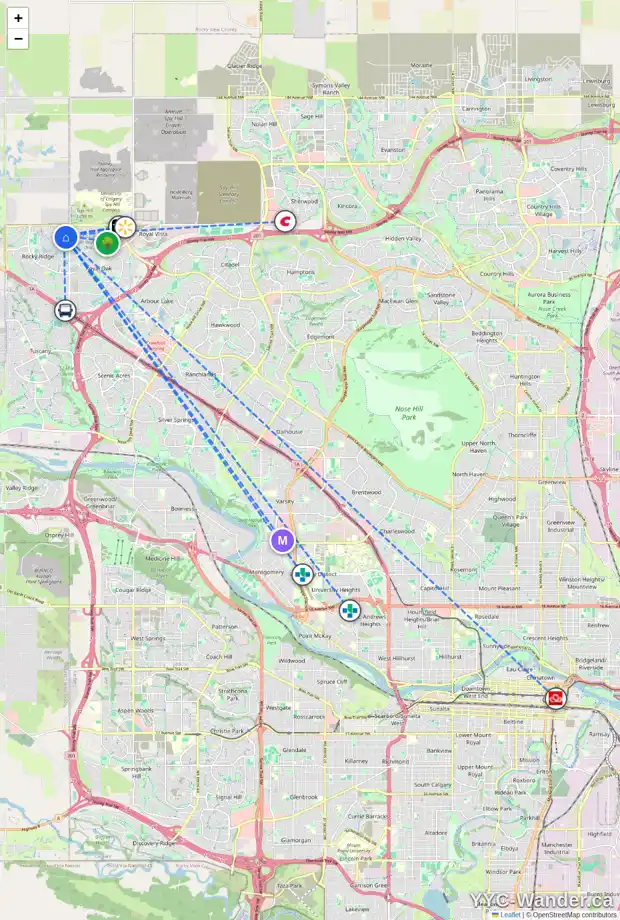 Daily accessibility map for 38 ROCKBOROUGH PA NW, Calgary showing nearby schools, grocery stores, parks, LRT stations and nearby amenities