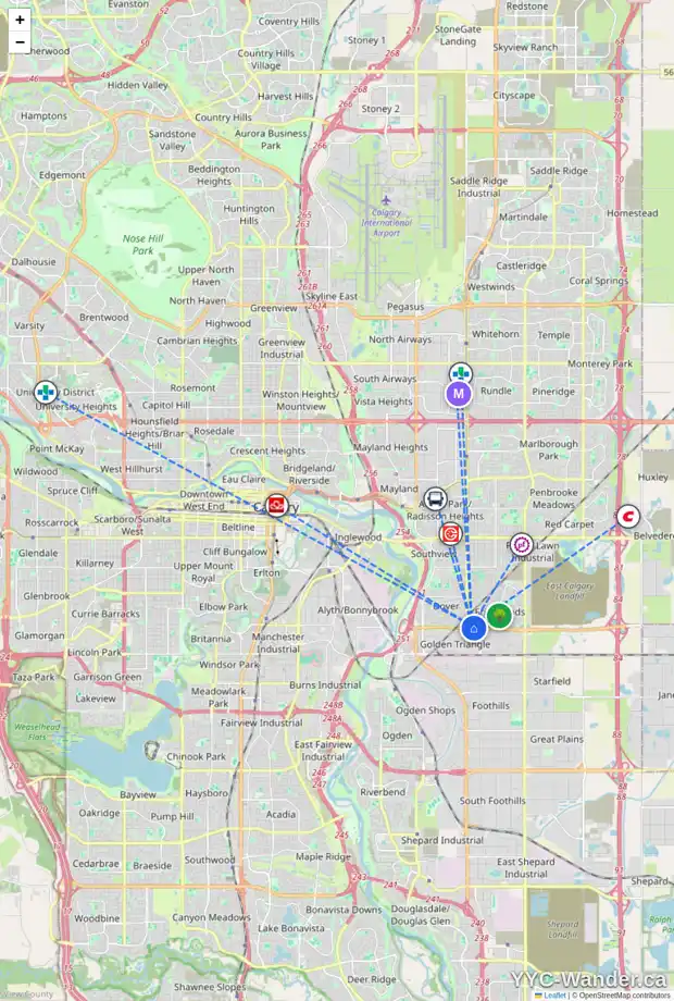 Daily accessibility map for 166 ERIN WOODS CI SE, Calgary showing nearby schools, grocery stores, parks, LRT stations and nearby amenities