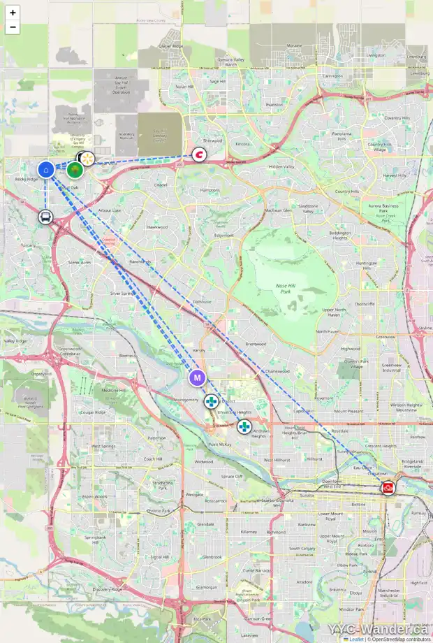 Daily accessibility map for 78 ROCKBOROUGH PA NW, Calgary showing nearby schools, grocery stores, parks, LRT stations and nearby amenities