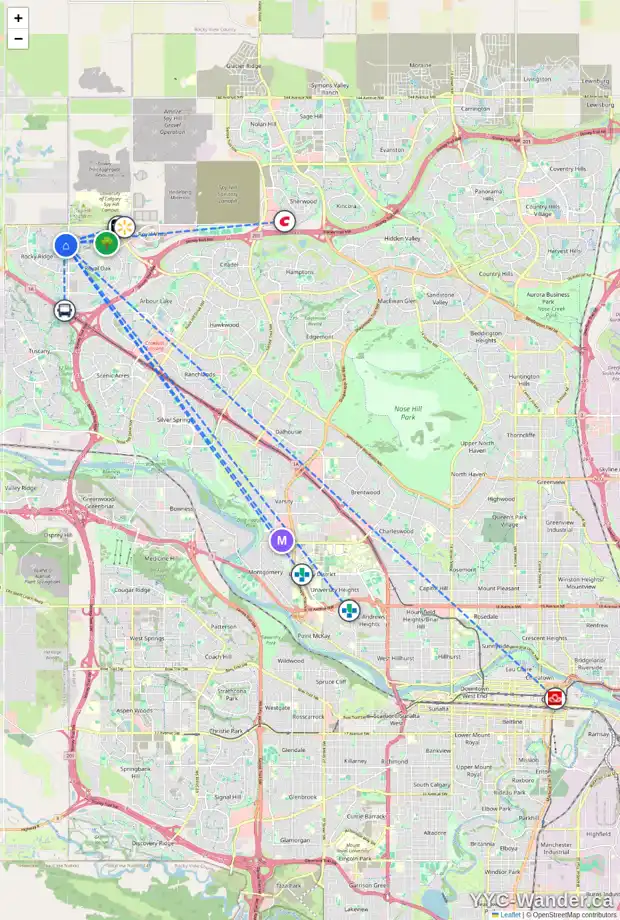 Daily accessibility map for 98 ROCKBOROUGH PA NW, Calgary showing nearby schools, grocery stores, parks, LRT stations and nearby amenities