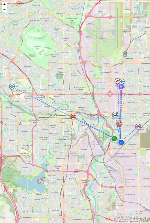 Daily accessibility map for 3543 33 ST SE, Calgary showing nearby schools, grocery stores, parks, LRT stations and nearby amenities