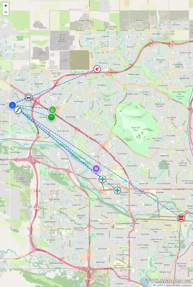 Daily accessibility map for 352 TUSCANY RIDGE HT NW, Calgary showing nearby schools, grocery stores, parks, LRT stations and nearby amenities