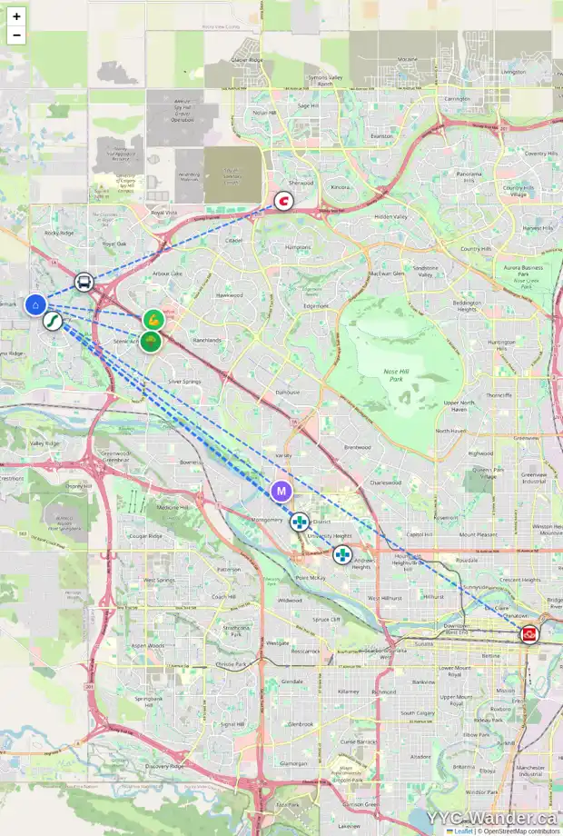 Daily accessibility map for 363 TUSCANY RIDGE HT NW, Calgary showing nearby schools, grocery stores, parks, LRT stations and nearby amenities