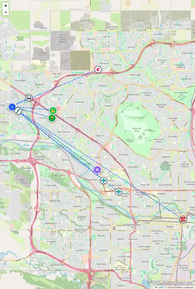 Daily accessibility map for 419 TUSCANY RIDGE HT NW, Calgary showing nearby schools, grocery stores, parks, LRT stations and nearby amenities