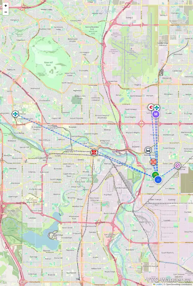 Daily accessibility map for 3455 30A AV SE, Calgary showing nearby schools, grocery stores, parks, LRT stations and nearby amenities
