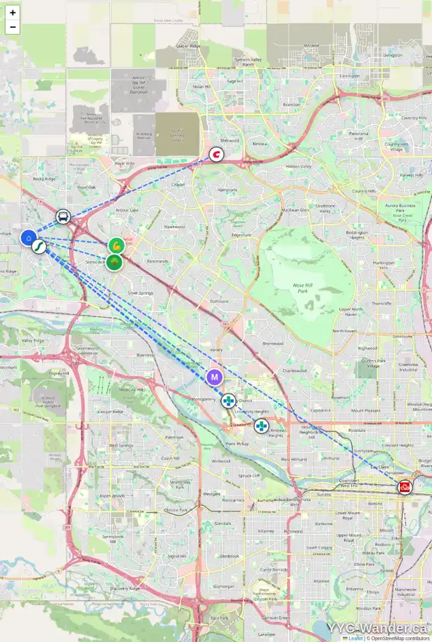 Daily accessibility map for 455 TUSCANY RIDGE HT NW, Calgary showing nearby schools, grocery stores, parks, LRT stations and nearby amenities