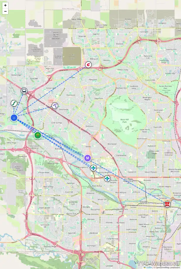 Daily accessibility map for 47 TUSCANY ESTATES DR NW, Calgary showing nearby schools, grocery stores, parks, LRT stations and nearby amenities