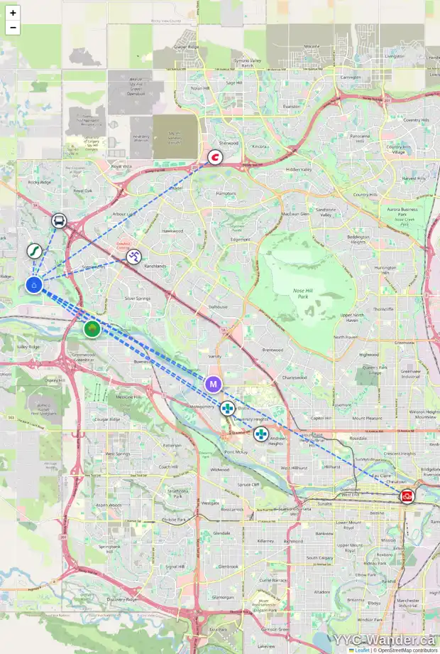 Daily accessibility map for 7 TUSCANY GLEN PA NW, Calgary showing nearby schools, grocery stores, parks, LRT stations and nearby amenities