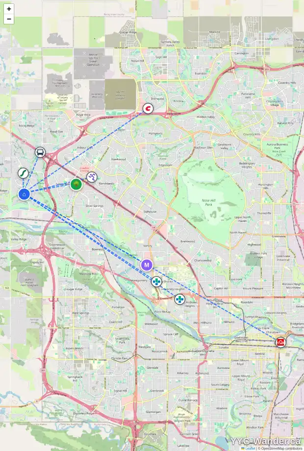 Daily accessibility map for 85 TUSCANY GLEN WY NW, Calgary showing nearby schools, grocery stores, parks, LRT stations and nearby amenities