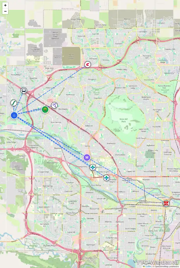 Daily accessibility map for 89 TUSCANY GLEN WY NW, Calgary showing nearby schools, grocery stores, parks, LRT stations and nearby amenities