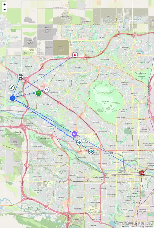 Daily accessibility map for 70 TUSCANY GLEN WY NW, Calgary showing nearby schools, grocery stores, parks, LRT stations and nearby amenities