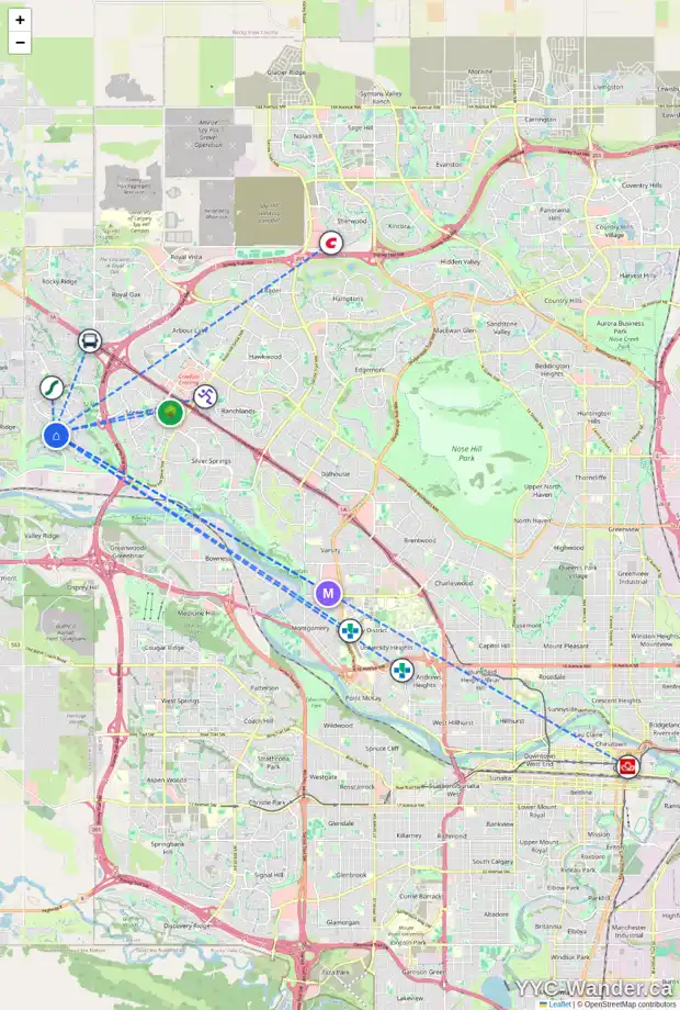 Daily accessibility map for 74 TUSCANY GLEN WY NW, Calgary showing nearby schools, grocery stores, parks, LRT stations and nearby amenities