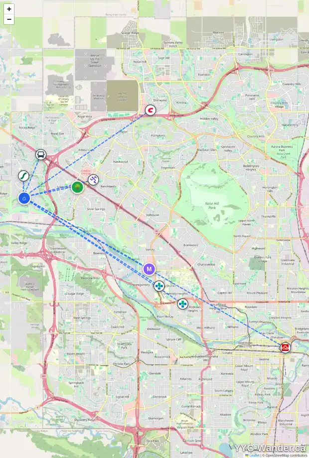 Daily accessibility map for 94 TUSCANY GLEN WY NW, Calgary showing nearby schools, grocery stores, parks, LRT stations and nearby amenities